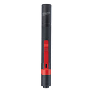 Black and red aluminum pen light with textured grip, Milwaukee logo on barrel, and clip attachment.