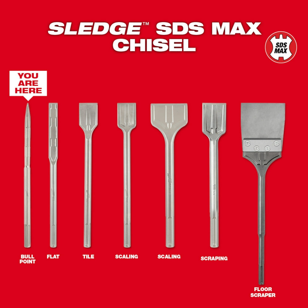 SDS-Max bull point chisel with pointed tip and hexagonal drive shaft for concrete and masonry work.