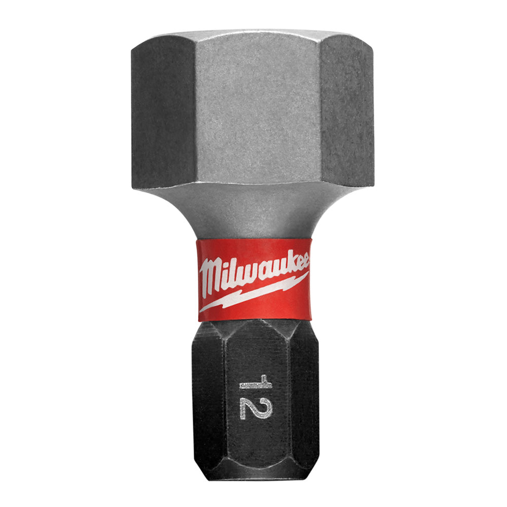 Milwaukee Shockwave 12 mm hex insert bit with gray metal head, red band, and black shaft marked "12".