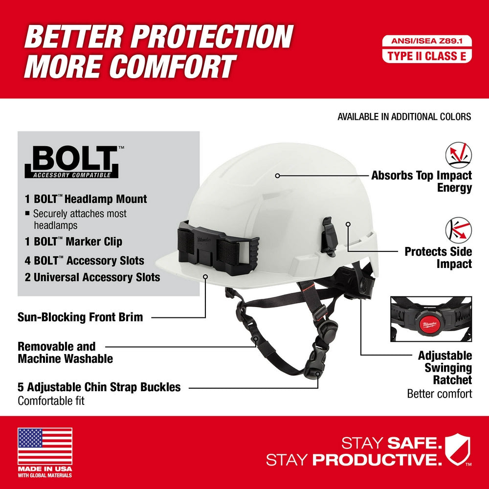 Gray hard hat helmet with front brim, black chin strap, and BOLT accessory mounting system.