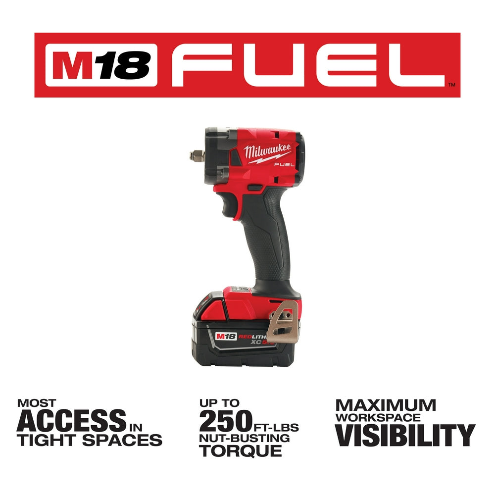 Milwaukee M18 FUEL 3/8" compact impact wrench with friction ring and rechargeable battery pack.