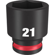 Black 21MM socket with six-point interior, 3/8" drive, red grip band near base.