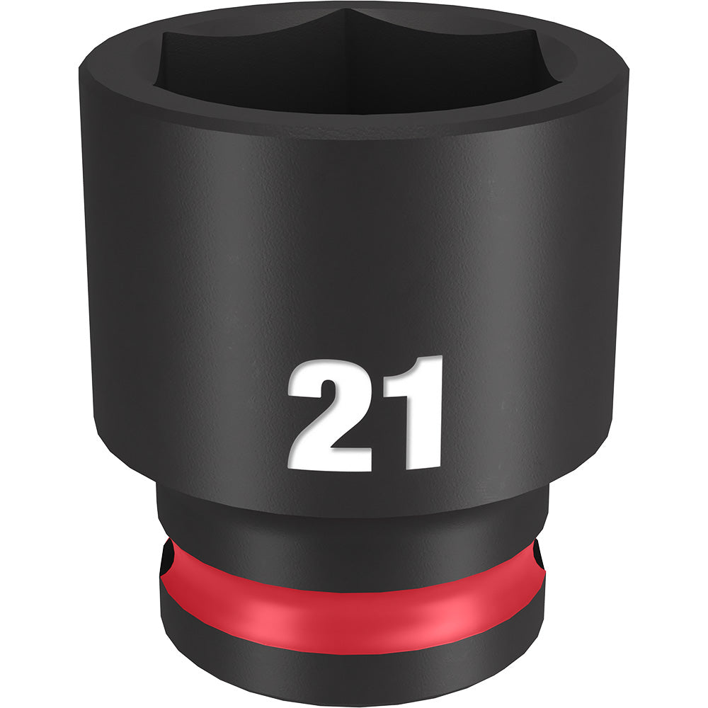 Black 21MM socket with six-point interior, 3/8" drive, red grip band near base.