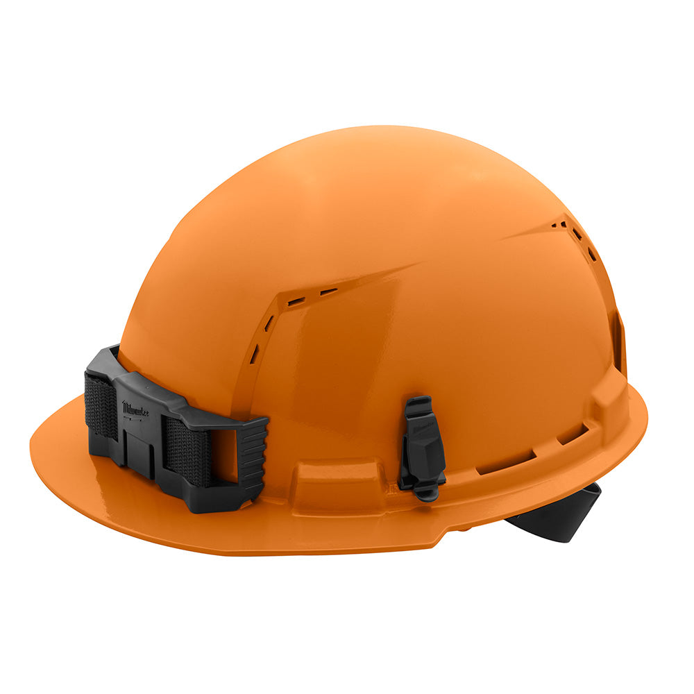Orange hard hat with front brim, vented crown, black ratcheting suspension, and side attachment points.
