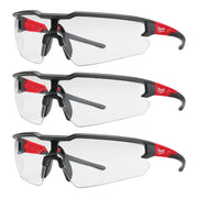 Three safety glasses with clear lenses, black frames, red temples, and gray nose bridges stacked vertically.
