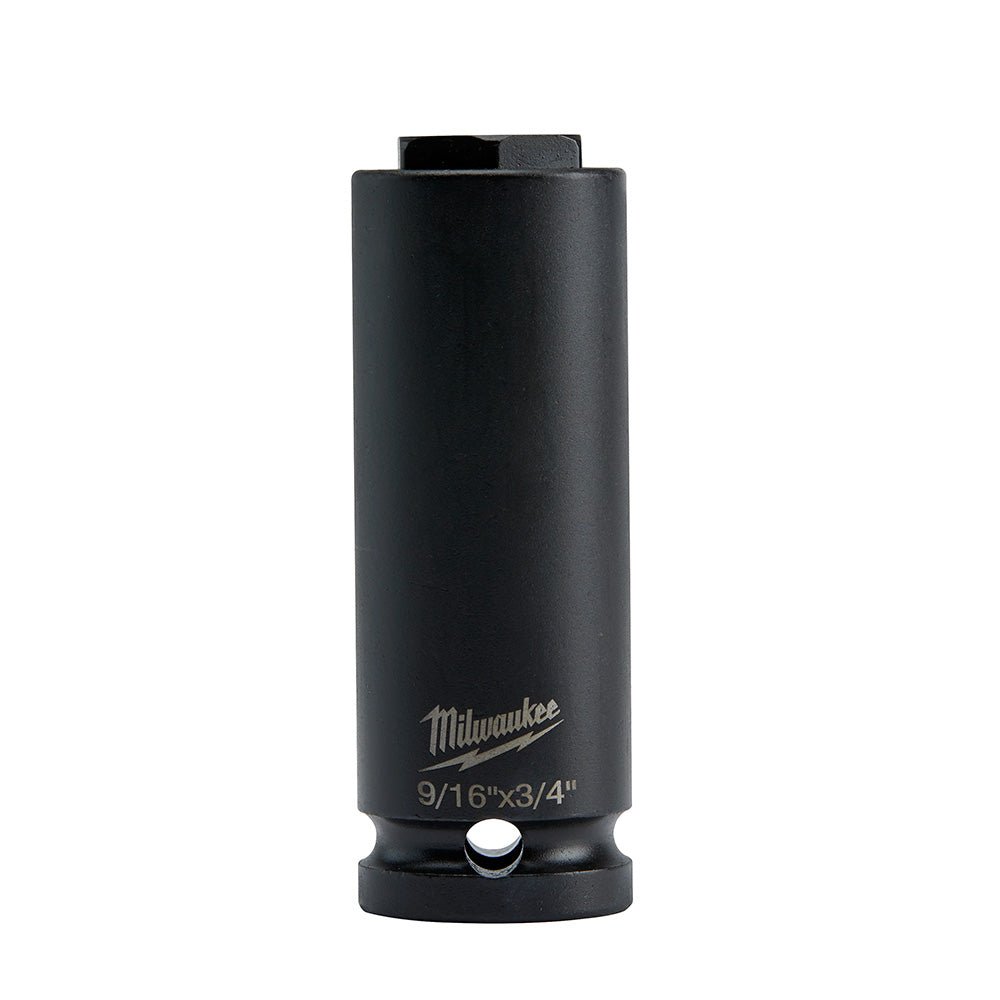 Black Milwaukee Shockwave 2-in-1 socket marked 9/16"x3/4" with small release button at base.
