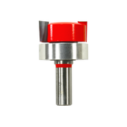Mortising bit with red cutting head, metal collar, and cylindrical steel shank on white background.