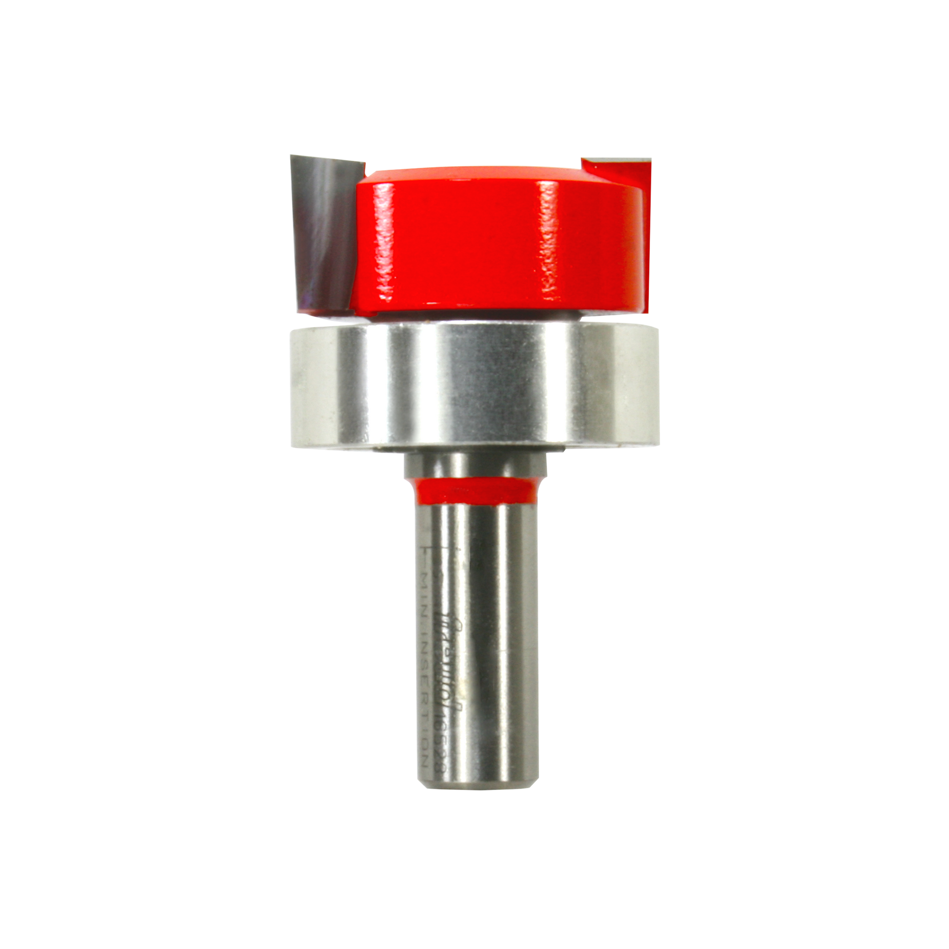 Mortising bit with red cutting head, metal collar, and cylindrical steel shank on white background.