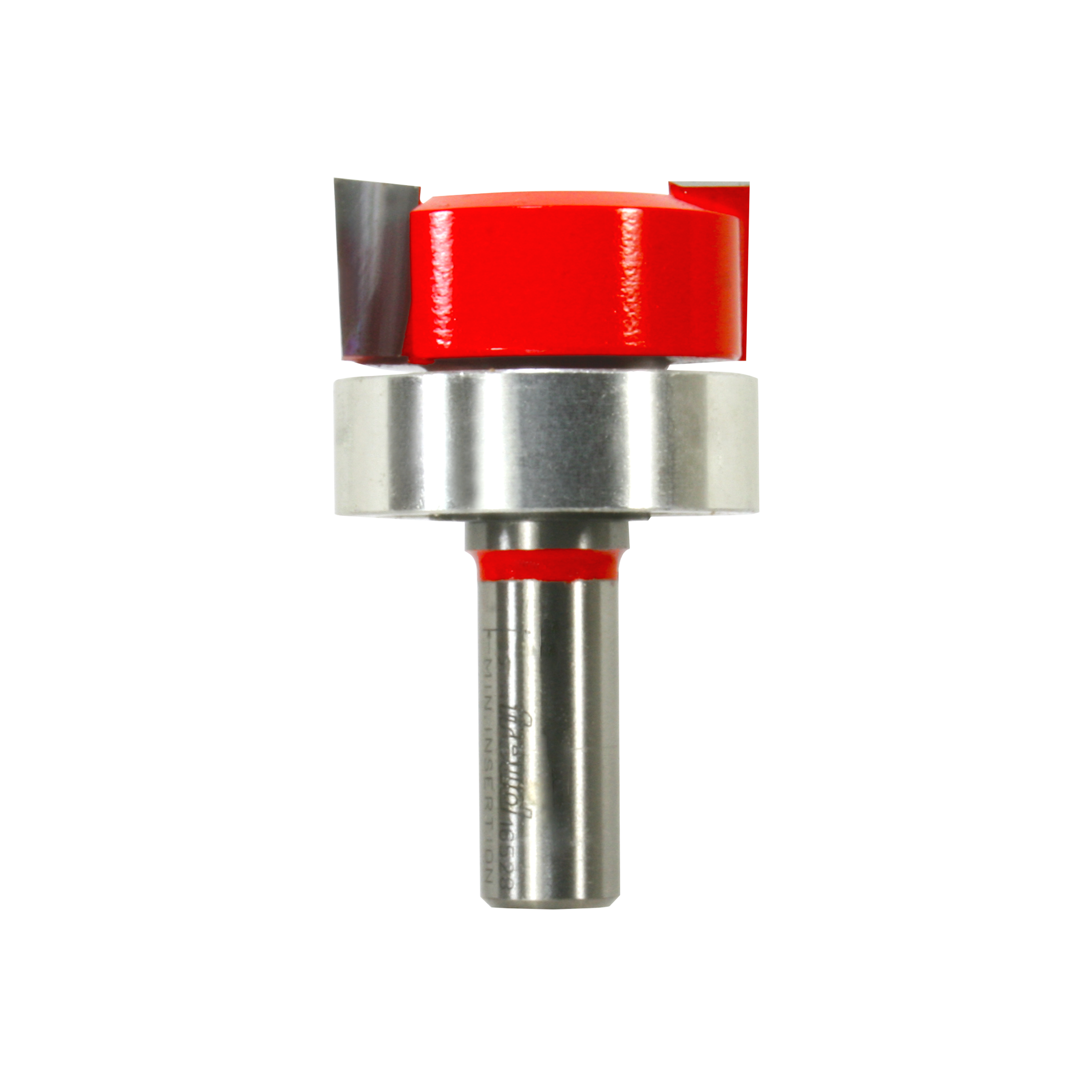 Mortising bit with red cutting head, metal collar, and cylindrical steel shank on white background.