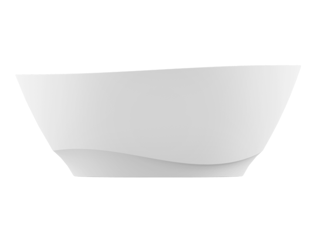 White oval freestanding soaker bathtub with curved sides and sloped rim.