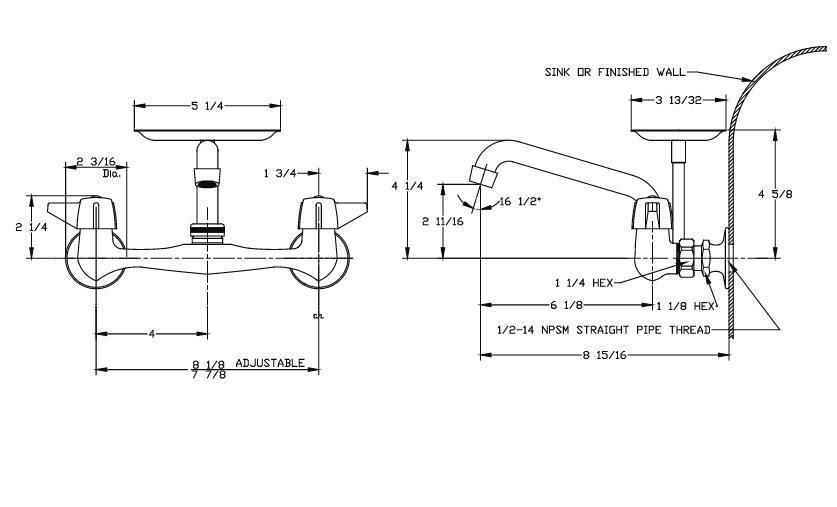 Two-handle wall-mount kitchen faucet with curved spout and polished chrome finish, shown in technical specification diagram.