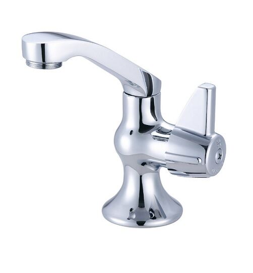 Chrome single-handle dishwasher faucet with curved spout and lever handle on pedestal base.