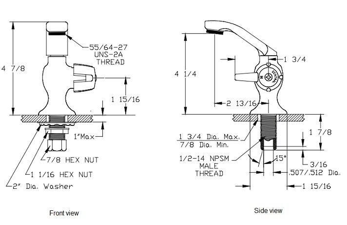 Chrome single handle dishwasher faucet with curved spout and technical specifications shown in front and side views.