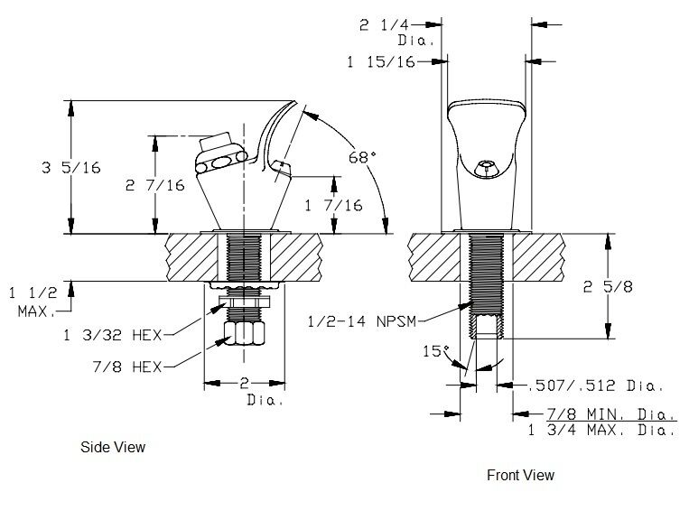Chrome drinking faucet with bubbler head, flange and shank shown in side and front technical views with dimensions.