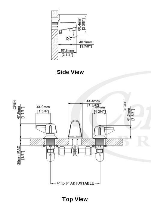 Two-handle shelf back lavatory faucet in polished chrome with center spout and adjustment dimensions shown in technical drawi