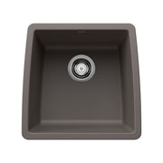 Volcano gray composite bar sink with single basin and chrome drain fitting, top view.