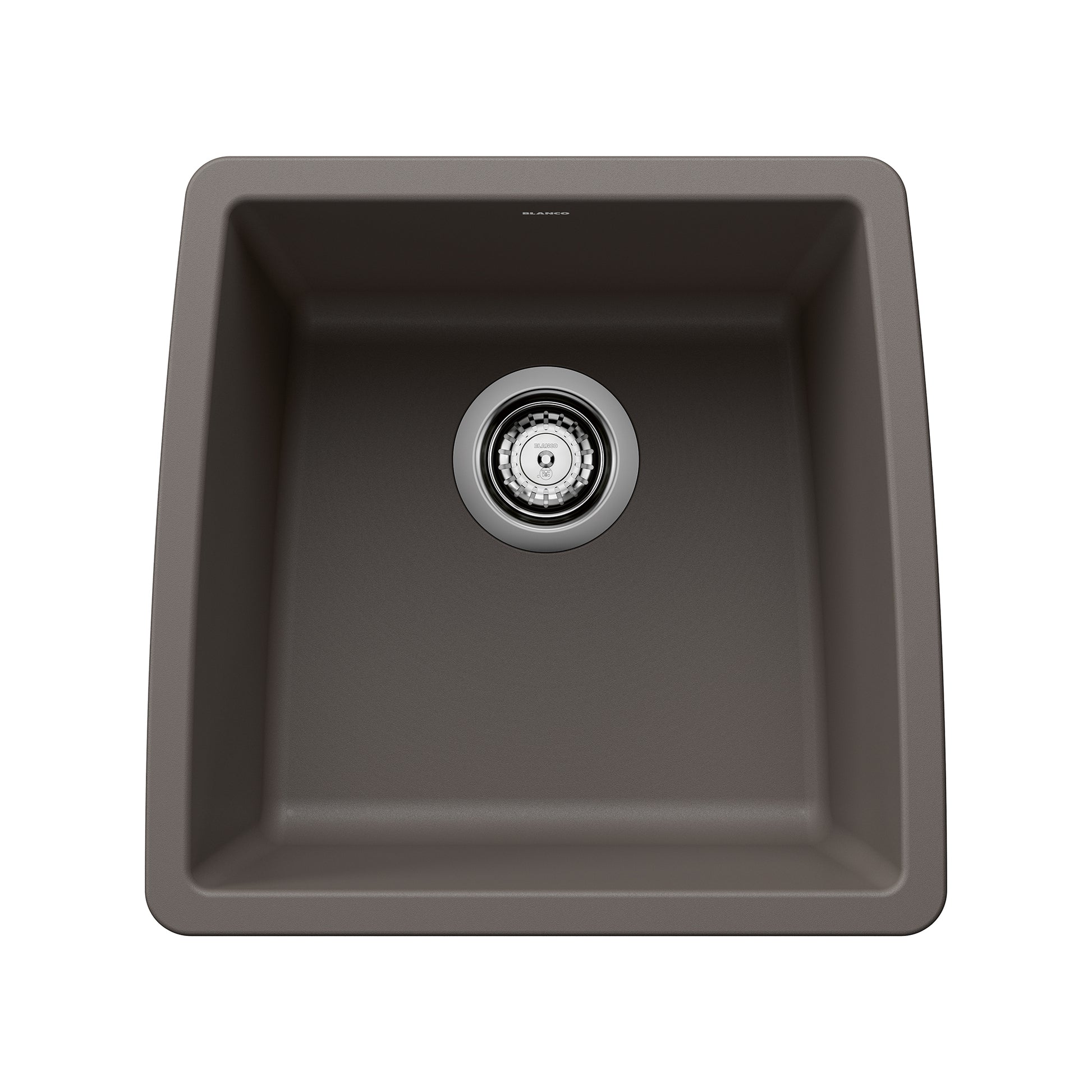 Volcano gray composite bar sink with single basin and chrome drain fitting, top view.