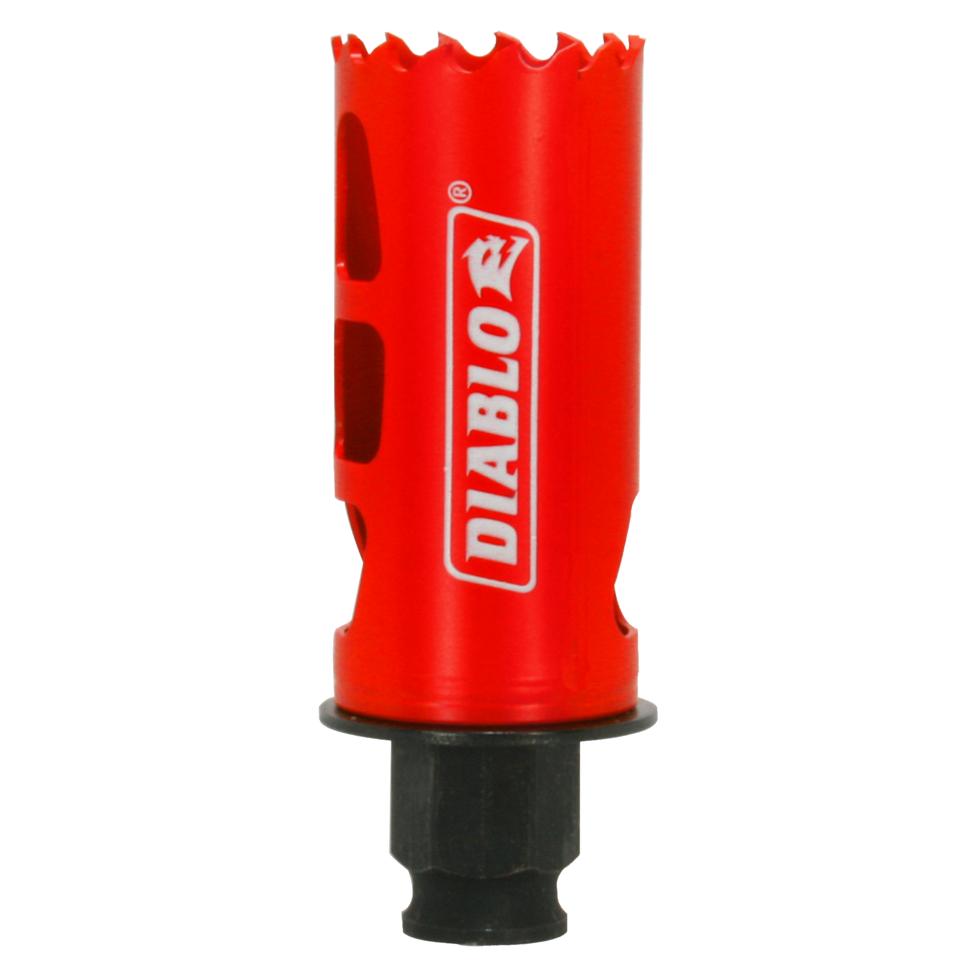 Red Diablo hole saw with toothed cutting edge and black arbor shaft.