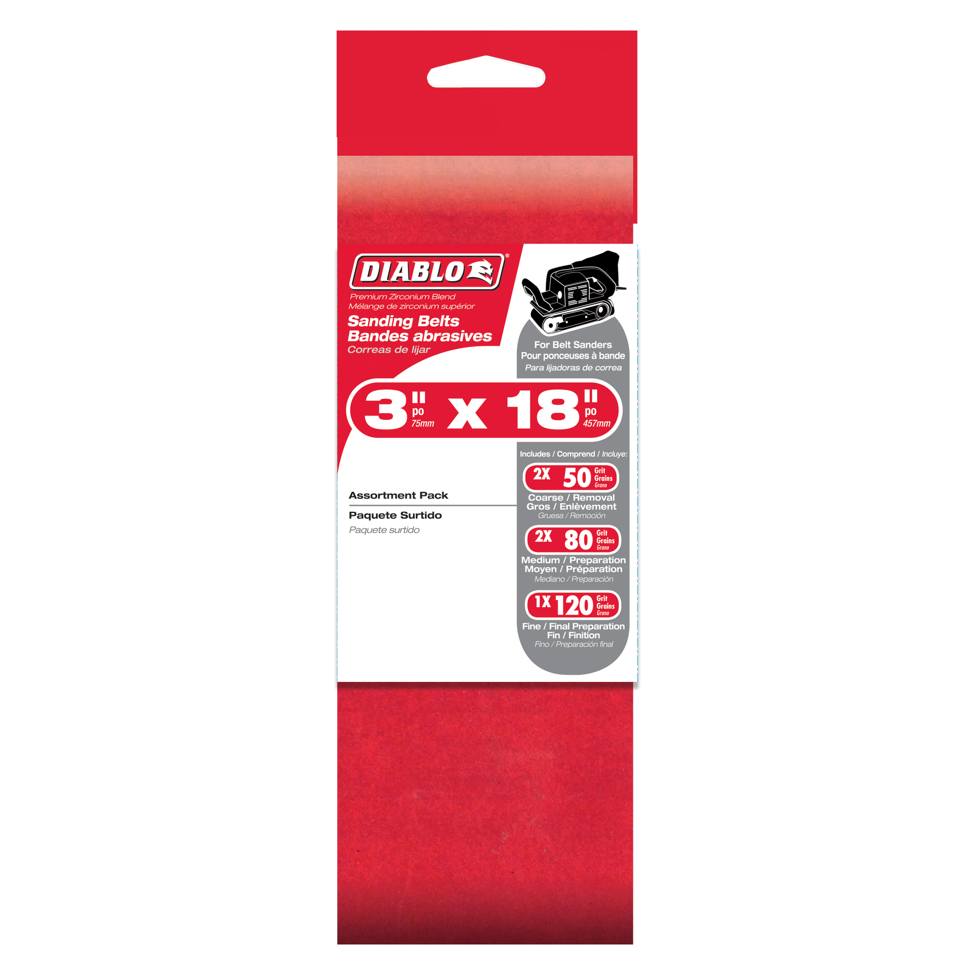 Diablo 3" x 18" sanding belt assortment pack containing five belts in varying grits for belt sanders.