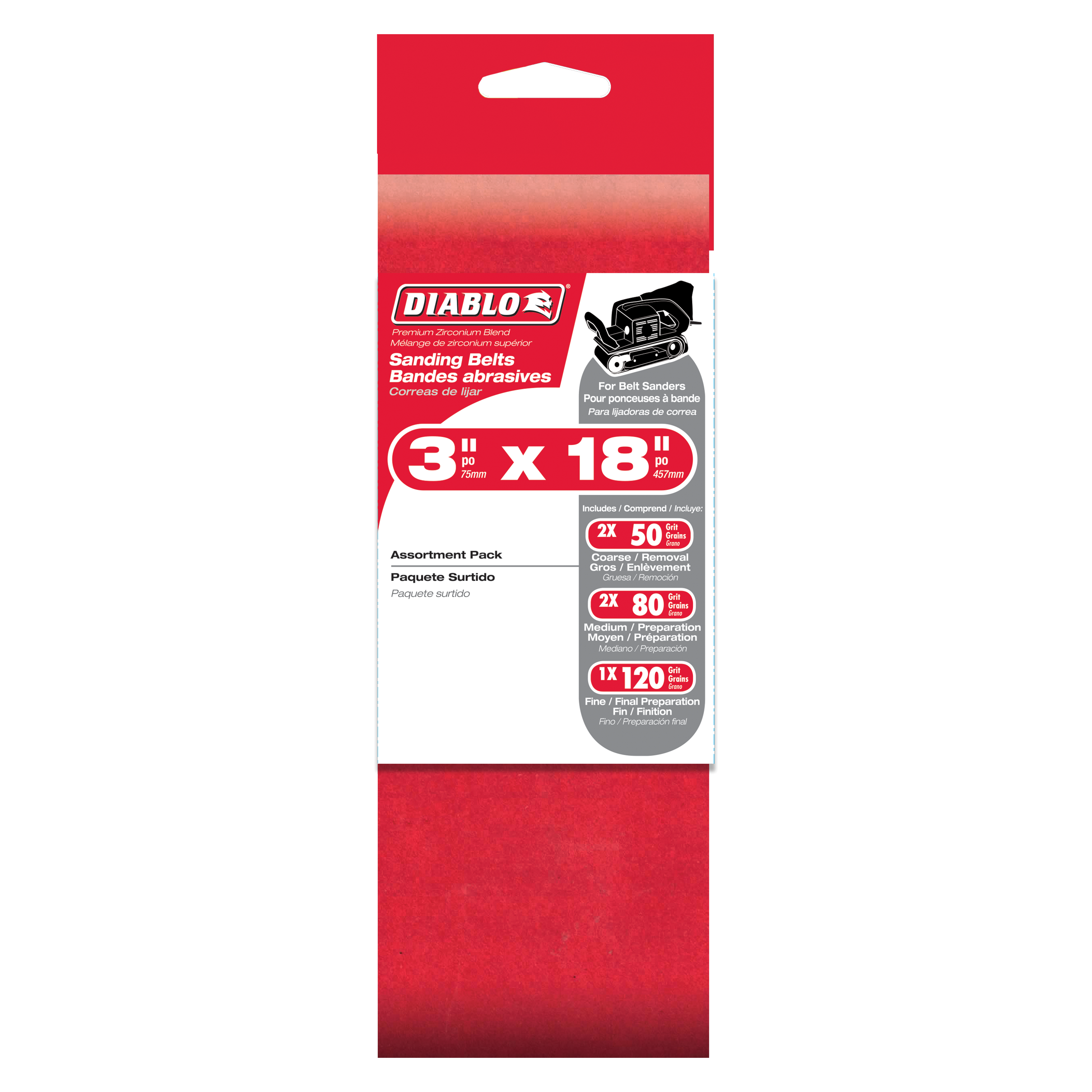 Diablo 3" x 18" sanding belt assortment pack containing five belts in varying grits for belt sanders.