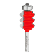 Freud router bit with red cutting head featuring three curved flutes and metal shank with bearing collar.