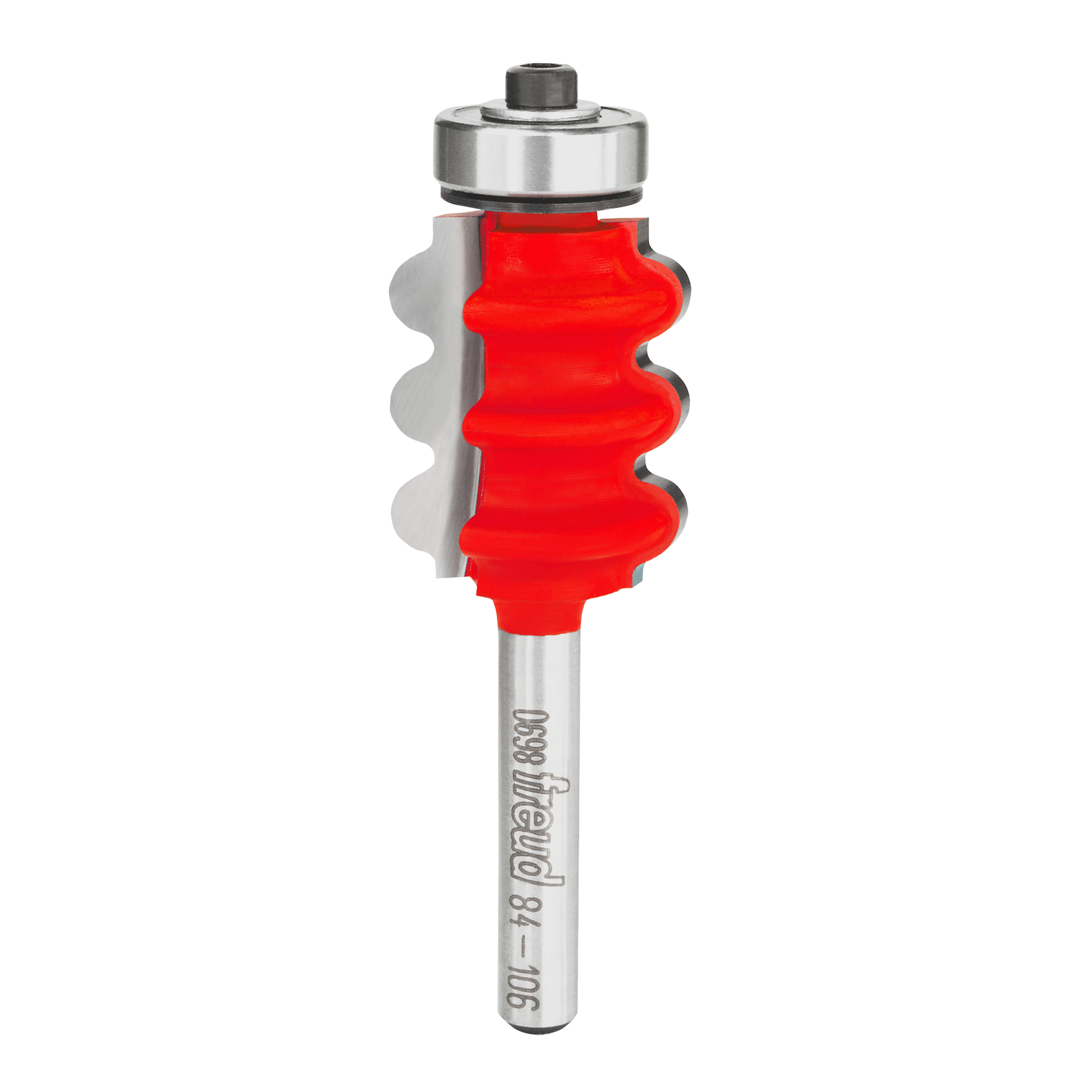 Freud router bit with red cutting head featuring three curved flutes and metal shank with bearing collar.