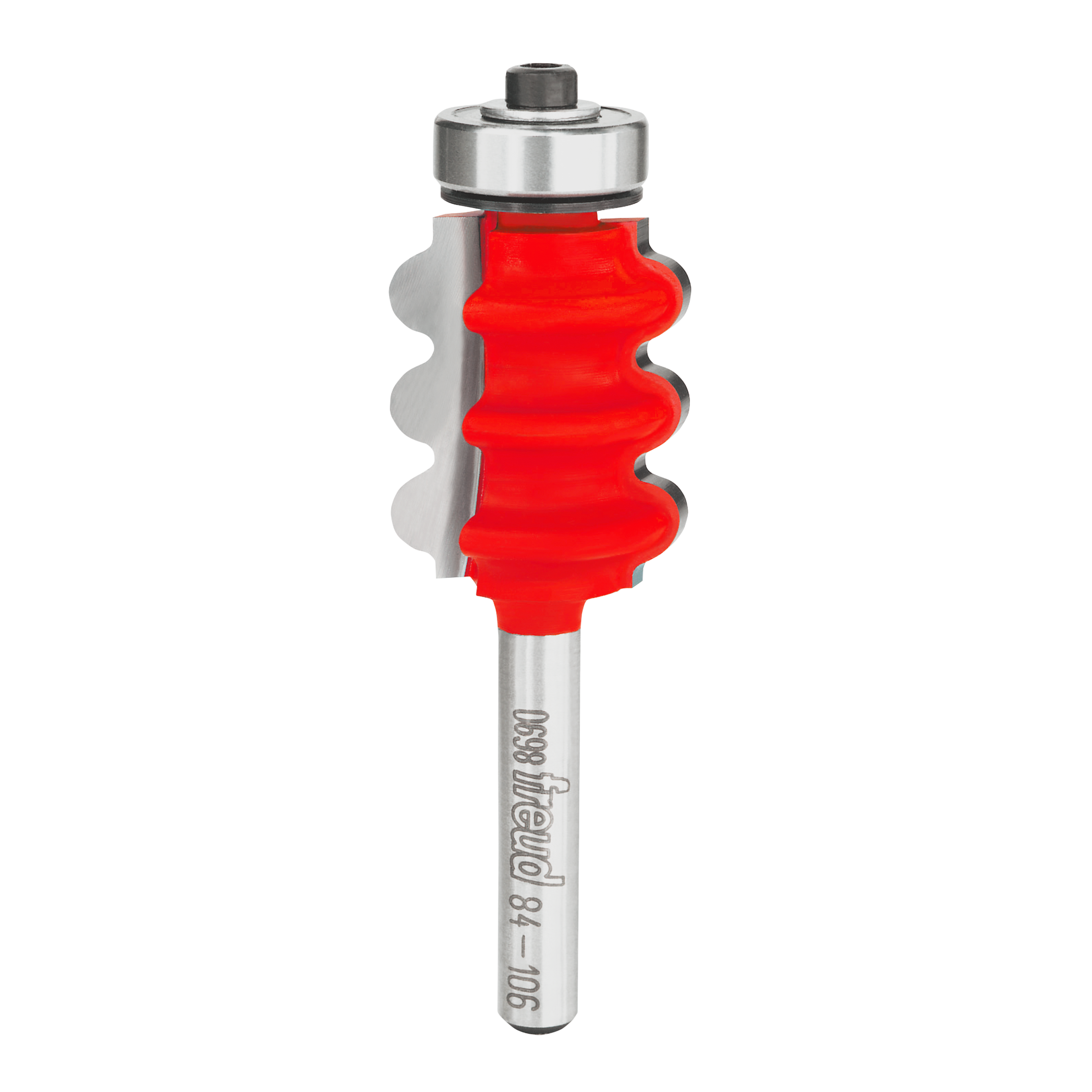 Freud router bit with red cutting head featuring three curved flutes and metal shank with bearing collar.
