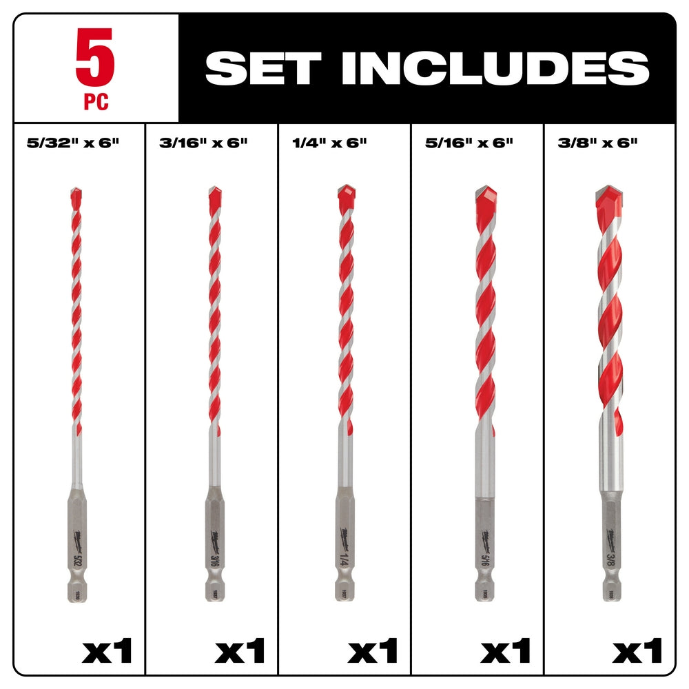 Five red and gray carbide hammer drill bits in varying sizes from 5/32" to 3/8" diameter, each 6" long.
