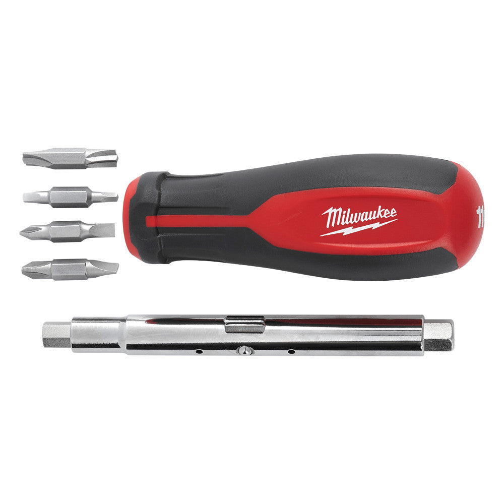 Red and black Milwaukee multi-bit screwdriver with four interchangeable bits and extended shaft displayed separately.