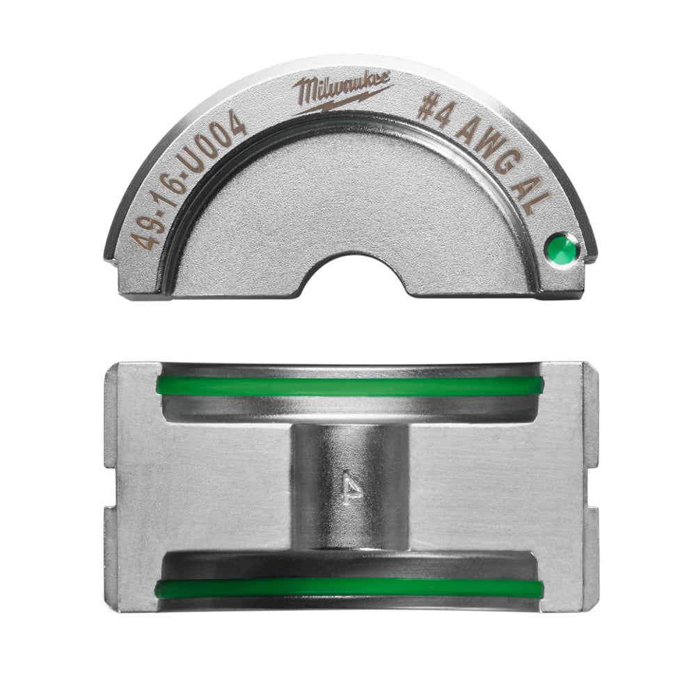Milwaukee #4 aluminum U-style die with green guide strips and model number 49-16-U004 marked on top.