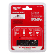 Milwaukee 8" pruning saw chain with 33 drive links in clear clamshell packaging with specifications.