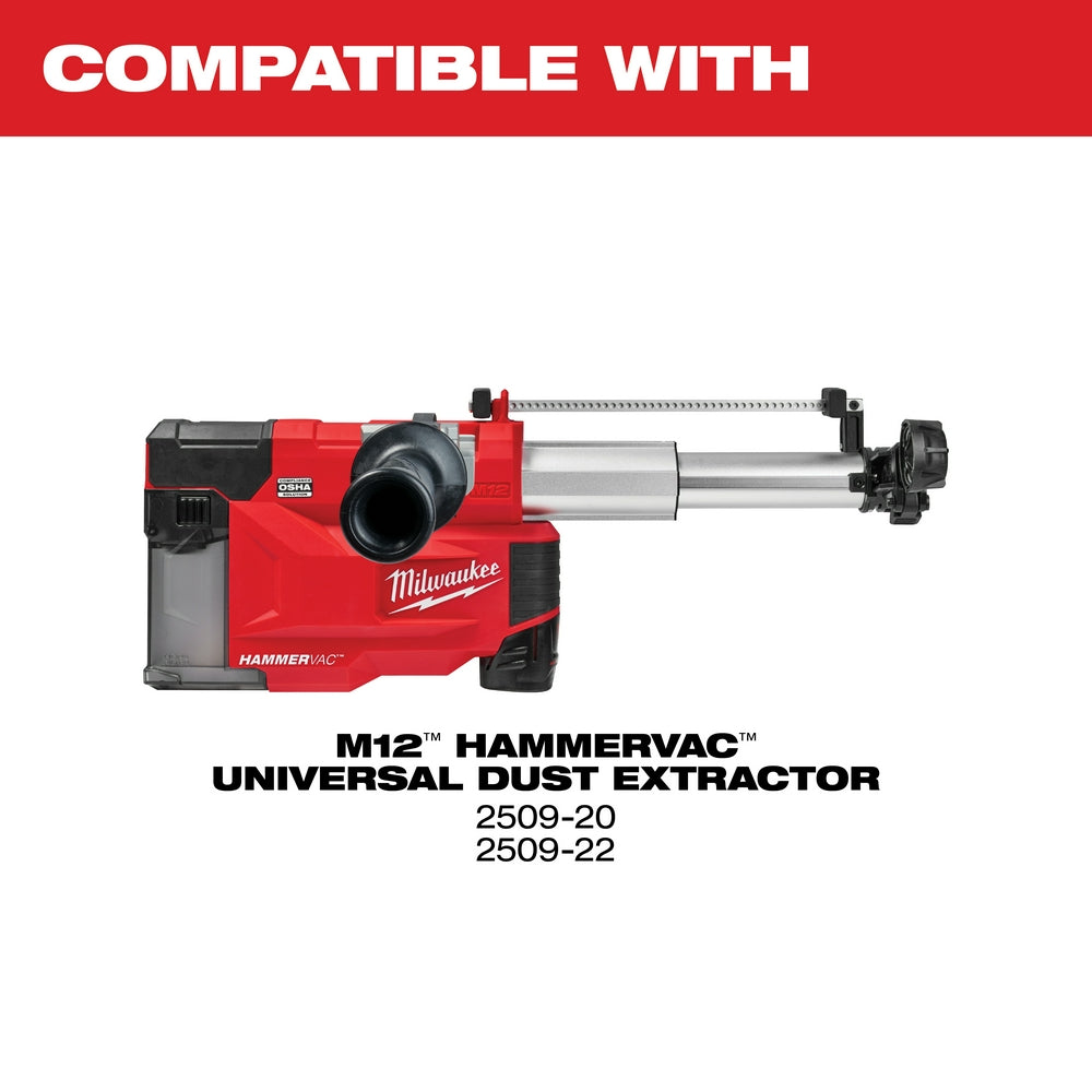Red and black Milwaukee M12 HAMMERVAC universal dust extractor with cylindrical collection box and metal extension tube.