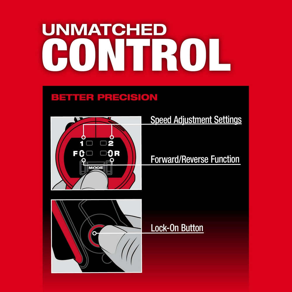 Red bandfile with control panel showing speed adjustment settings, forward/reverse function, and lock-on button labeled.