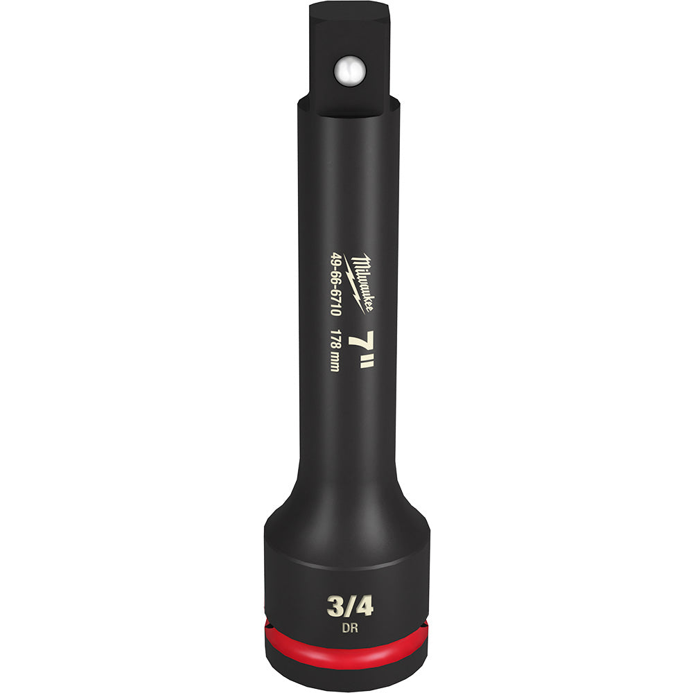 Black 3/4" drive socket extension with white Milwaukee branding and red band near the socket end.