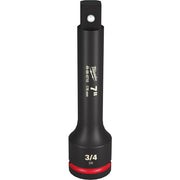 Black 3/4" drive socket extension with white Milwaukee branding and red band near the socket end.