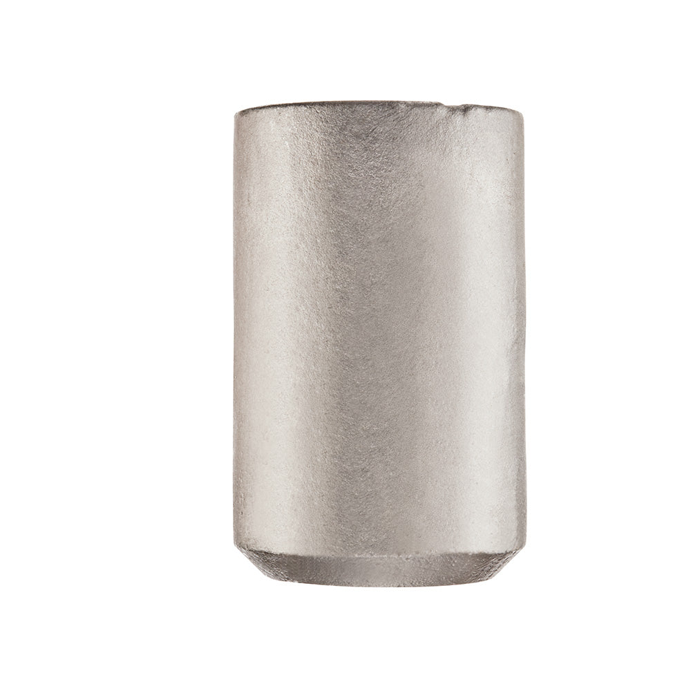 Metal cylinder tent stake driver head with flat bottom and smooth sides.