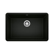 Coal black single bowl kitchen sink with rounded corners and chrome drain assembly.