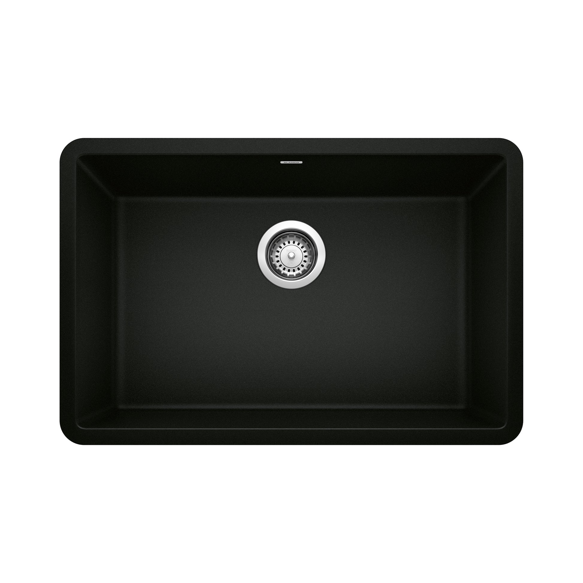 Coal black single bowl kitchen sink with rounded corners and chrome drain assembly.