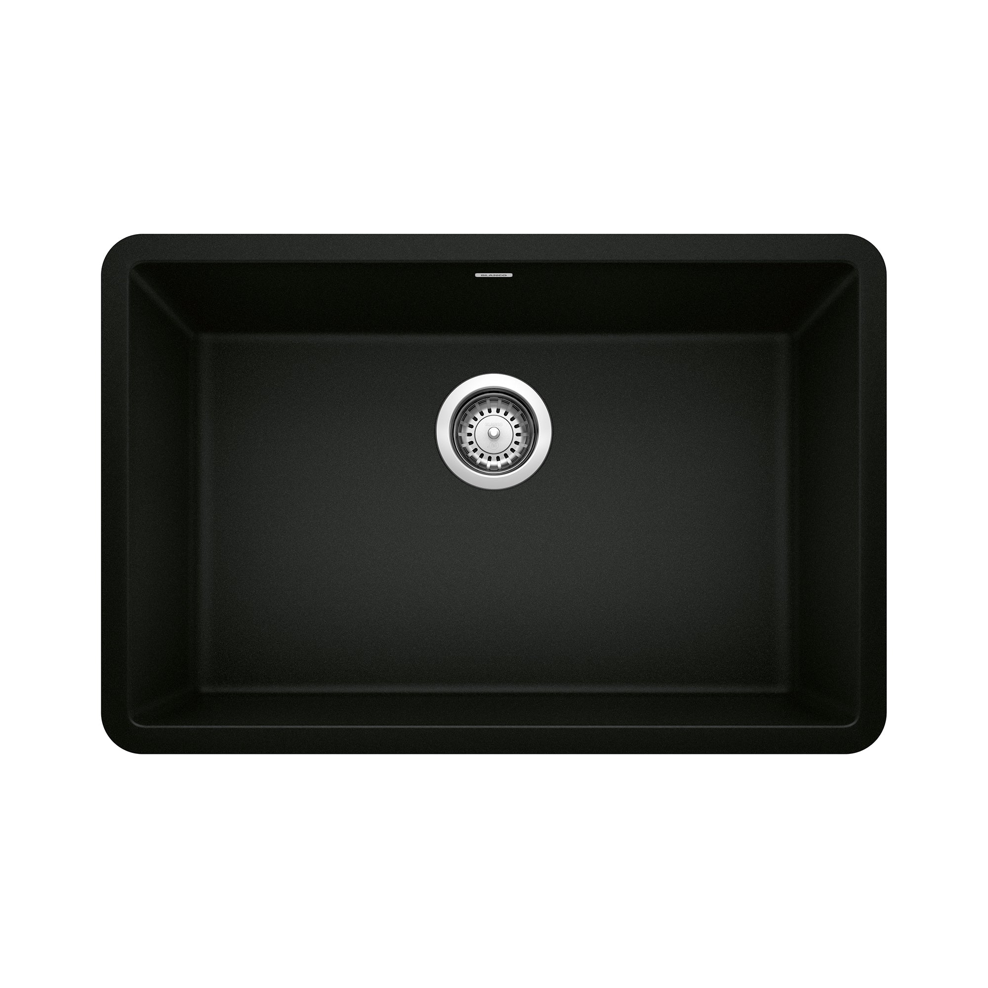 Coal black single bowl kitchen sink with rounded corners and chrome drain assembly.
