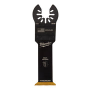 Milwaukee OPEN-LOK 1-1/4" bi-metal oscillating saw blade with titanium-enhanced cutting edge and dual slot design.