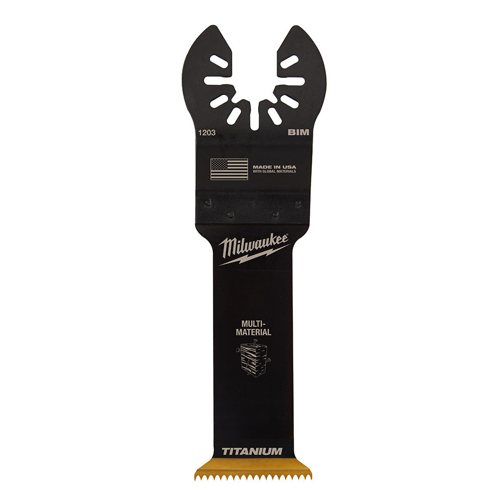 Milwaukee OPEN-LOK 1-1/4" bi-metal oscillating saw blade with titanium-enhanced cutting edge and dual slot design.