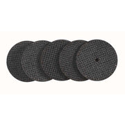 Five dark gray abrasive cutting wheels with reinforced mesh pattern arranged in a row.