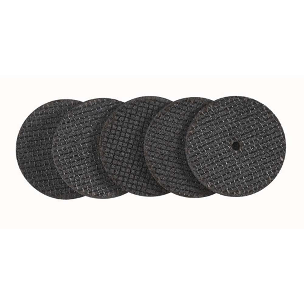 Five dark gray abrasive cutting wheels with reinforced mesh pattern arranged in a row.