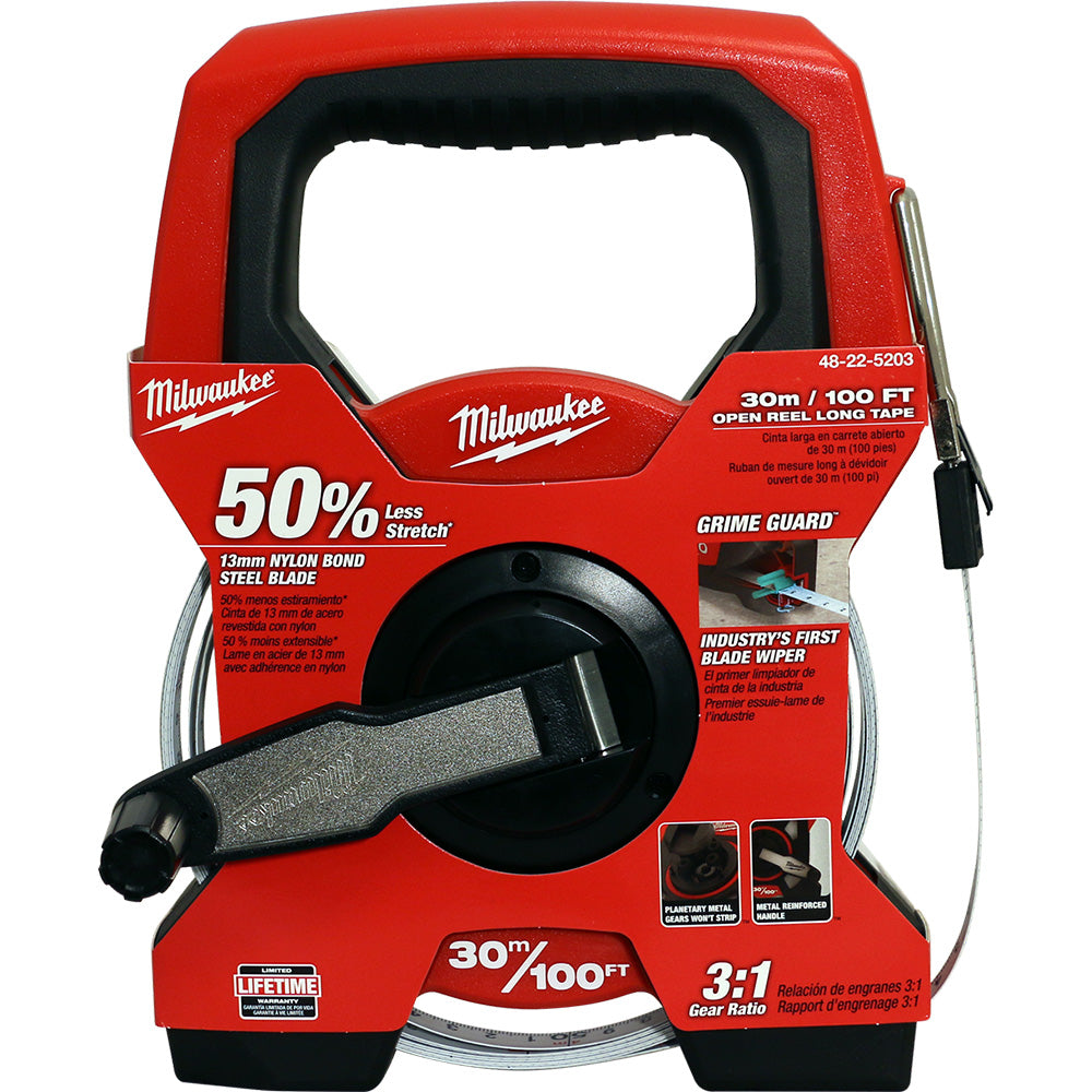 Red and black Milwaukee open reel tape measure with 100FT/30M capacity, steel blade, and wiper attachment.