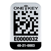Small metal asset ID tag with ONE-KEY logo, QR code, serial number E00000032, and model number 48-21-0003.