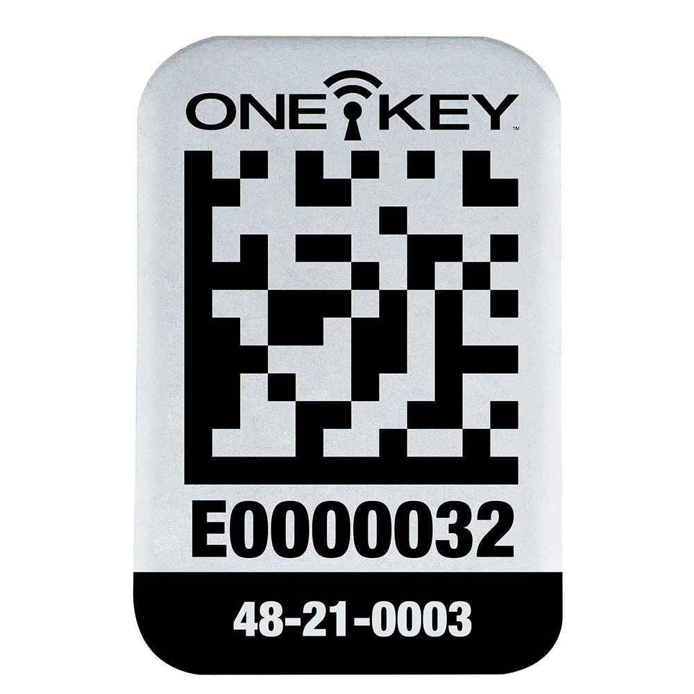 Small metal asset ID tag with ONE-KEY logo, QR code, serial number E00000032, and model number 48-21-0003.