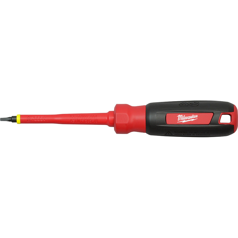 Milwaukee insulated screwdriver with red shaft, black handle, and square #2 bit tip.