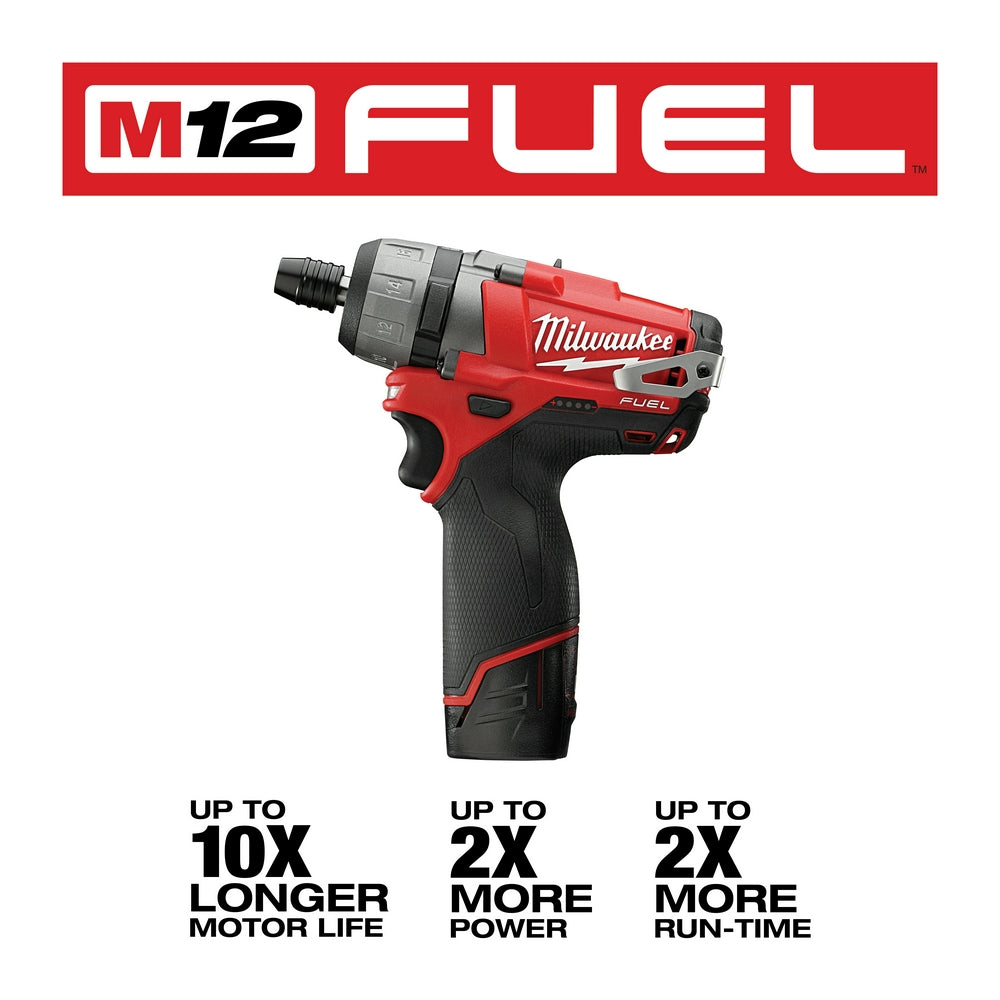 Milwaukee M12 FUEL red and black cordless screwdriver with chuck and ergonomic grip.