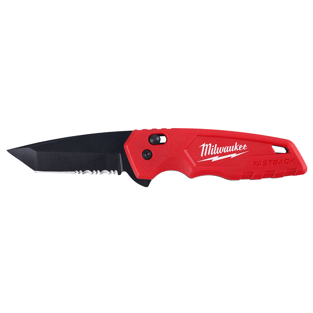 Red and black folding knife with black blade, Milwaukee branding, and assisted opening mechanism.