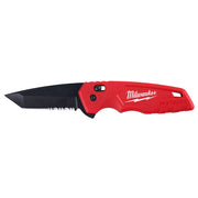 Red and black folding knife with black blade, Milwaukee branding, and assisted opening mechanism.